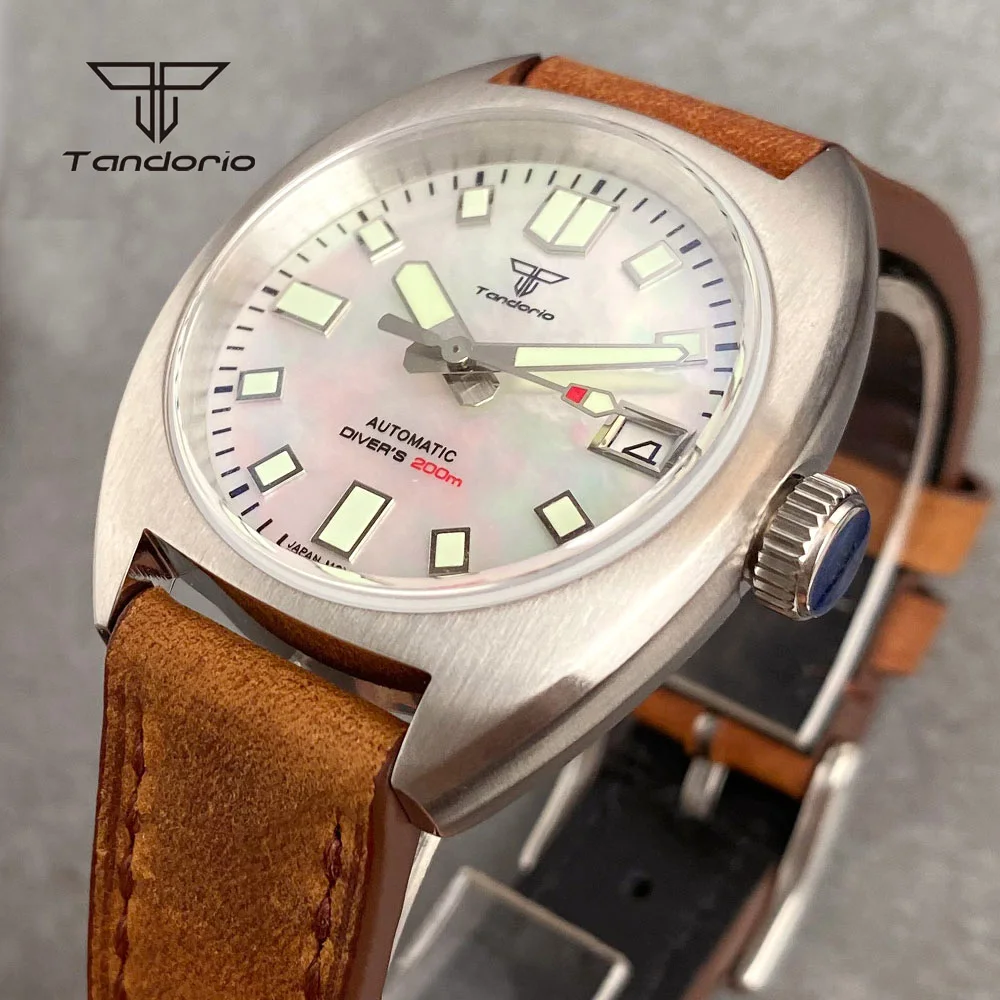 Tandorio 36mm Military Automatic NH35 20atm Dive Mechanical Men Watch Domed AR Sapphire Fashion Wristwatch for Lady Leather Band