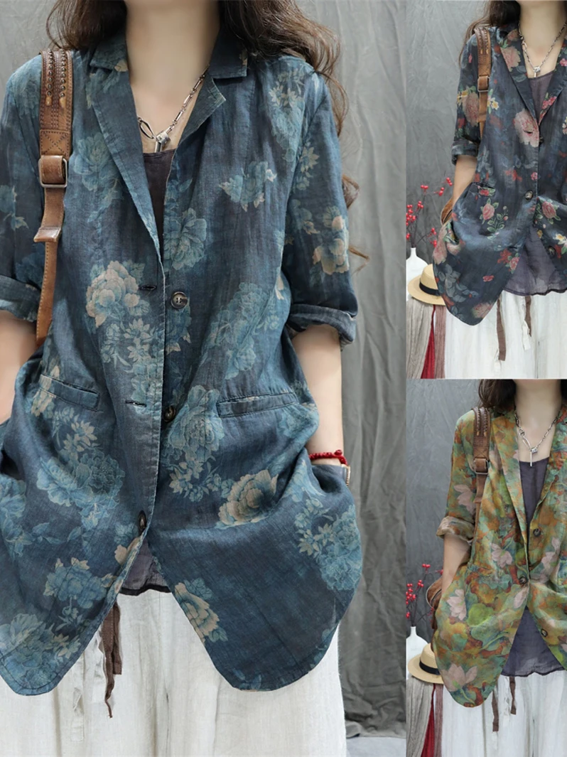 Women's Cotton Linen Print Long Sve irt Vintage Loose Casual Versatile Office Wear Summer Season Five-Button Plaet