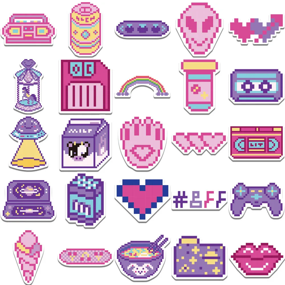 Autocollants mignons de bande dessinée de pixel rose, décalcomanies, ordinateur portable, bagage, téléphone, scrapbooking, JECar, décoration, enfant, jouet, cadeaux, 50pcs