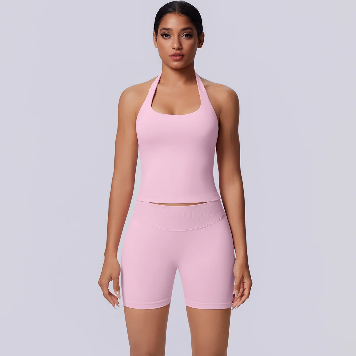 Seamless High Stretch Naked Feel Summer Yoga Set for Woman Quick Drying Fitness Shorts Breathable Backless Yoga Vest Bra Top