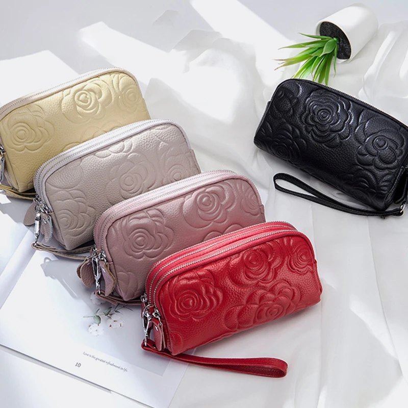 Women's Handbag 3 Layer Zipper Large Capacity Cowhide Phone Clutch Bag Wallet Pressed Pattern Leather Bag Fashion