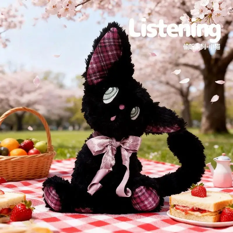 

Hot Jooei Listening Series Black Cat Plush Toy Kawaii Stuffed Animal Plaid Ears Bowknot Soft Sleeping Pillow Girl Birthday Gift