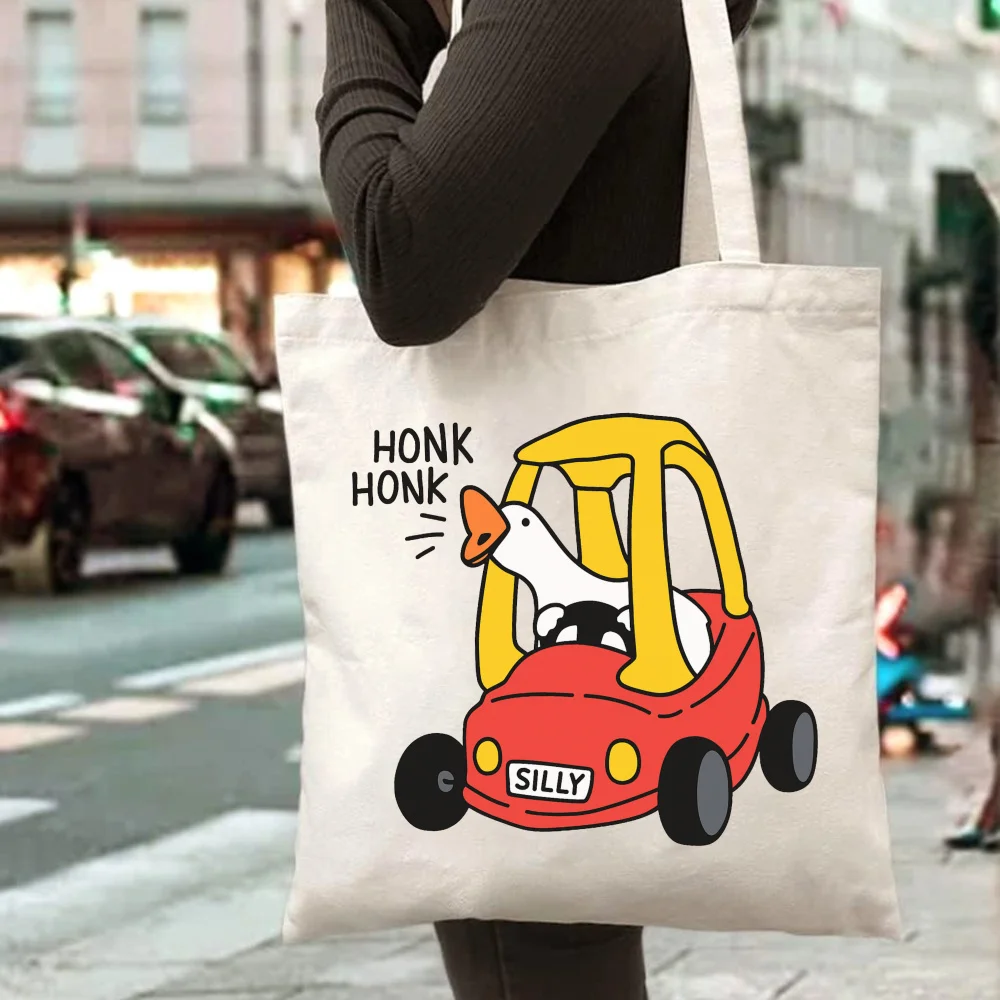 Canvas-Tragetasche mit Cartoon-Enten-Design, „Honk Honk Silly“, umweltfreundliche, wiederverwendbare Tragetasche mit großem Fassungsvermögen für den täglichen Gebrauch, zum Einkaufen und Reisen. – Detail 5