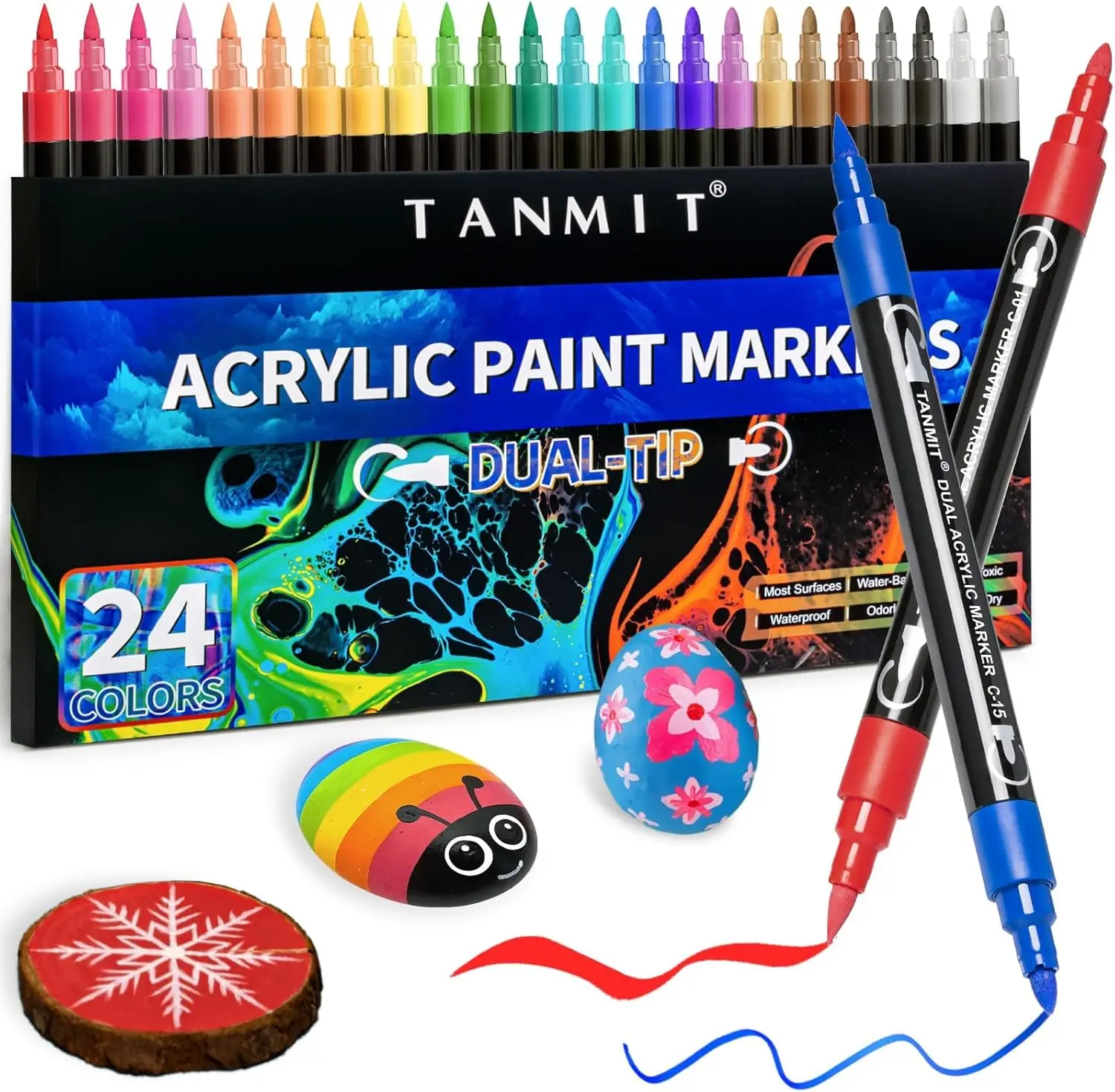 

24 Colors Dual Tip Acrylic Paint Markers - Brush & Fine Tip for Fabric, Rock, Wood, Glass, DIY Crafts