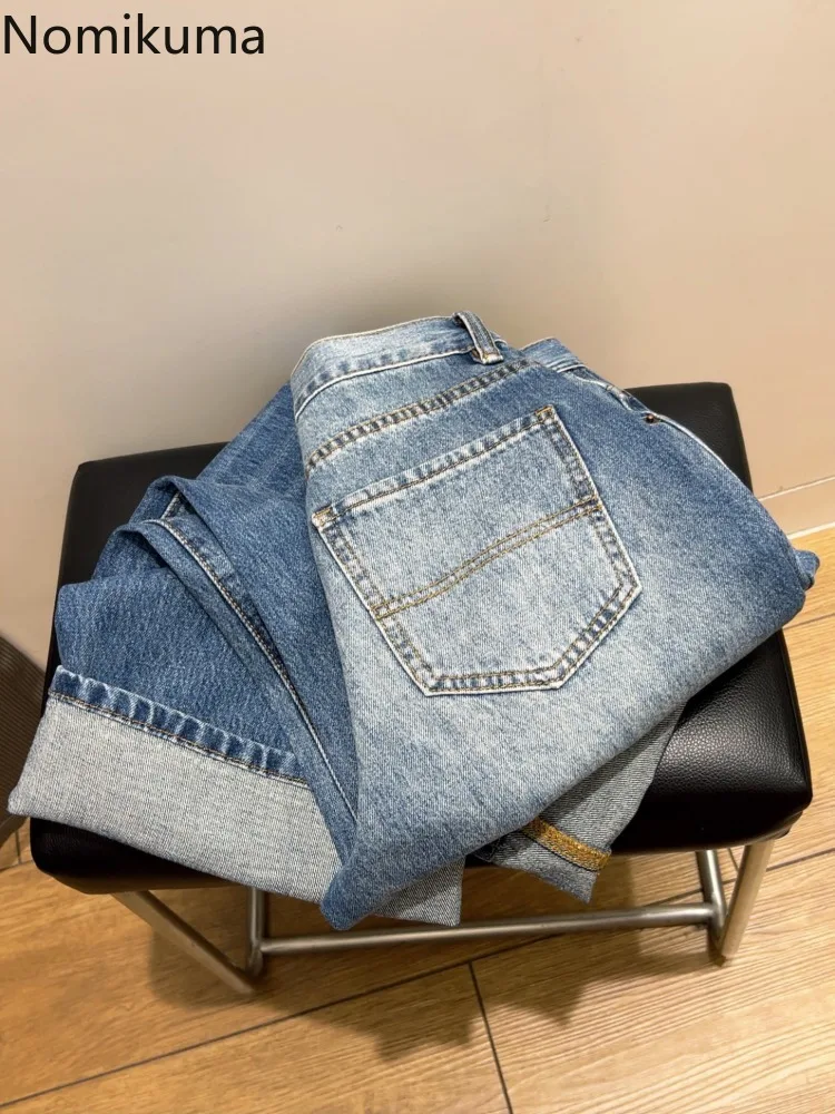 Calça feminina de perna larga vintage, jeans Harajuku, cintura alta, calça jeans reta casual, moda streetwear, Y2K