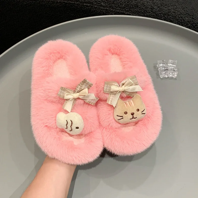 2024 Children Warm Shoes for Girls Winter New Fashion Korean Style Cute Cat Soft Bottom Anti-slippery Casual Outside Slippers