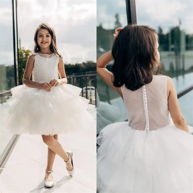 

Tulle Lace Beaded Flower Girl Dress For Wedding Puffy Full Sleeve Floor Length Birthday Party First Communion Gowns