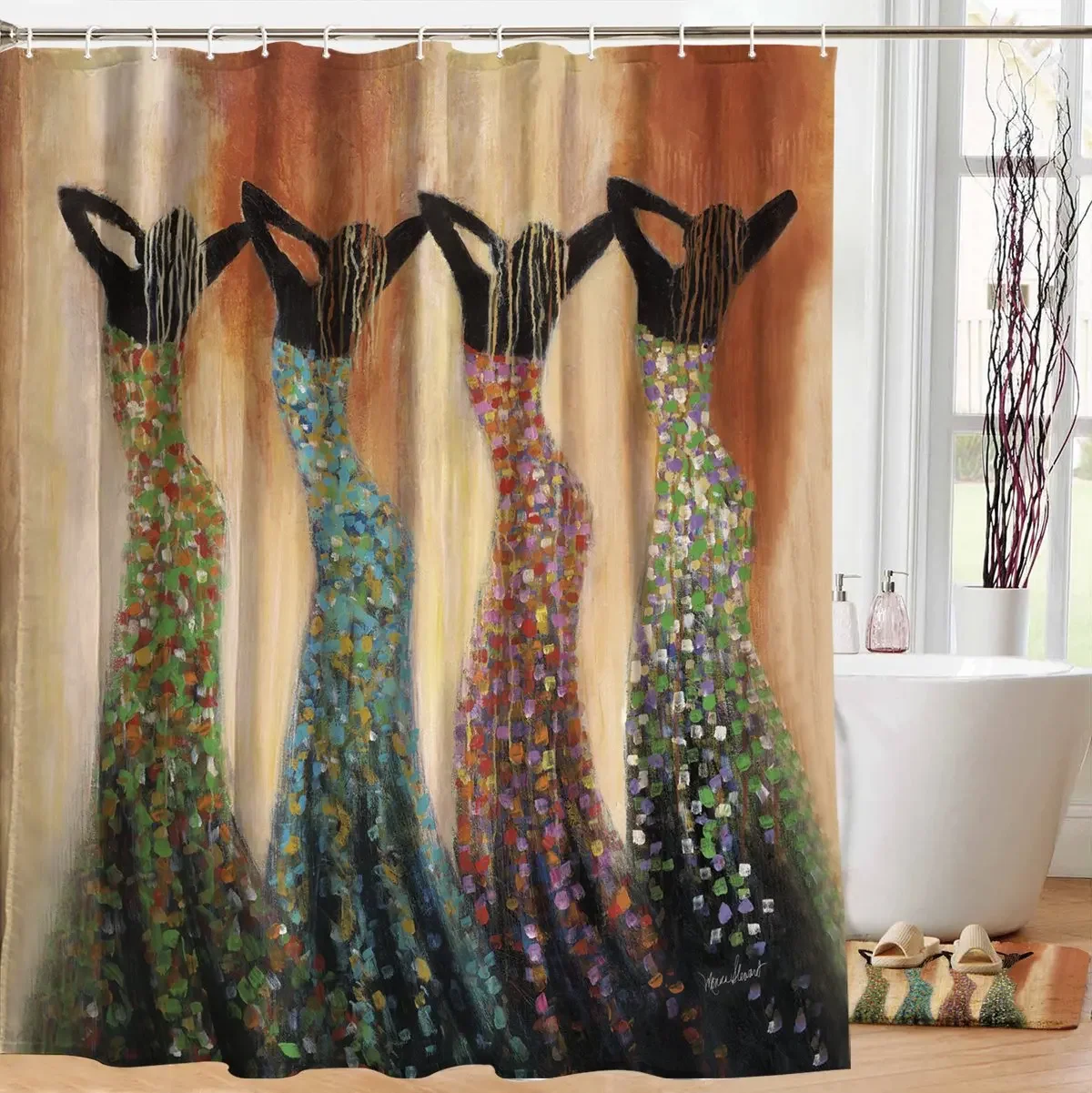 African Woman Shower Curtain Drawing Tribal Dress Local Frauen Silhouette Dance of The Summer Solstice Bathroom Decor Hooks