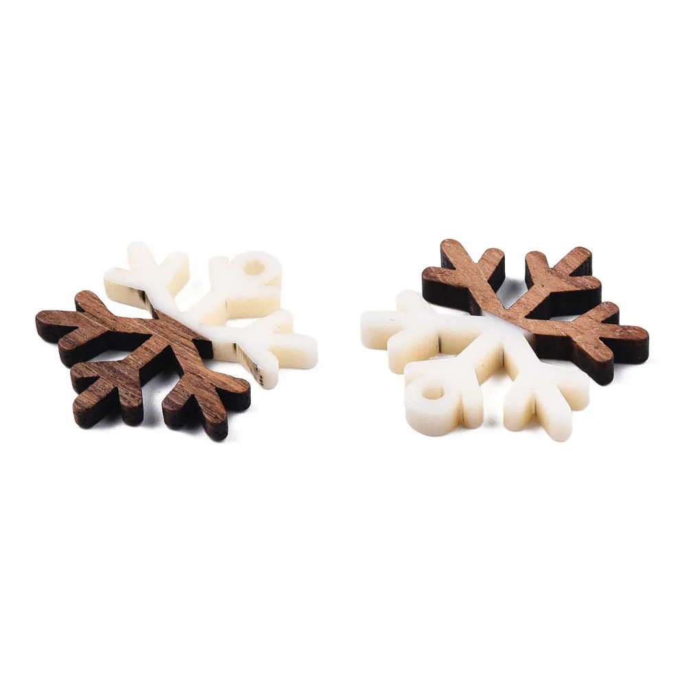 20Pcs Resin Wood Charms with Gold Foil Christmas Snowflake Wooden Resin Effect Dangle Pendants for Jewelry Making DIY Earrings