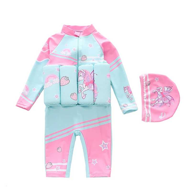 HappyFlute New Cartoon Printed Baby Girls One-piece Long Sleeve Surf Suit Hipster Buoyancy Swimsuit