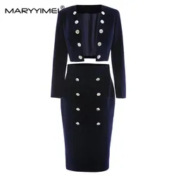 Maryimei New Autumn Fashion abito blu Navy di alta qualità giacca corta doppiopetto + gonna a portafoglio all'anca Slim Party Set di due pezzi