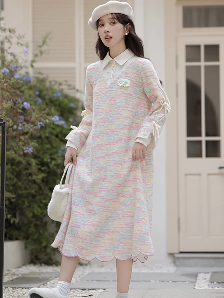 

2025 Новое вязаное платье с воротником-поло с принтом, женское элегантное повседневное платье из двух предметов, осенне-зимнее шикарное платье для выпускного вечера с длинным рукавом и бантом