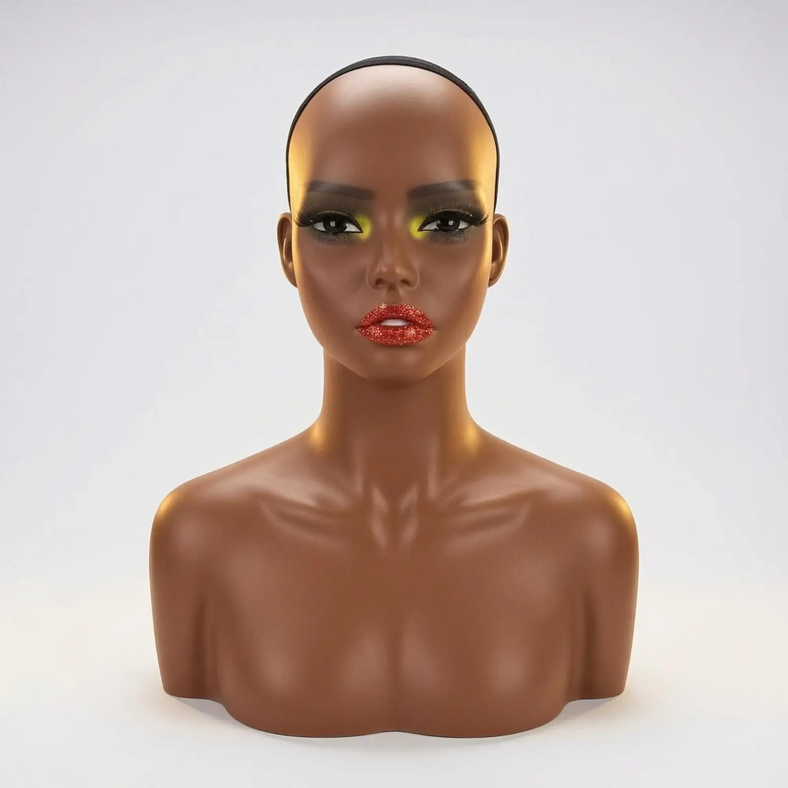Mannequin Head with Shoulders Realistic Hairpiece Head with Shoulders Dark Skin Tone for Stylists, Jewelers, Salons, Retail