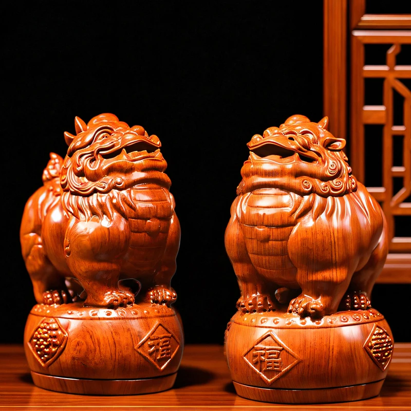 Pear wood carving Pixiu ornament a pair of solid wood new Chinese home living room decoration gift crafts