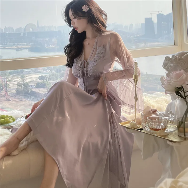 Lace Nightdress Princess Homewear Palace Style Nightgown Women Long Sleeve Sleepwear Loungewear Sexy Lace Mesh Nightwear