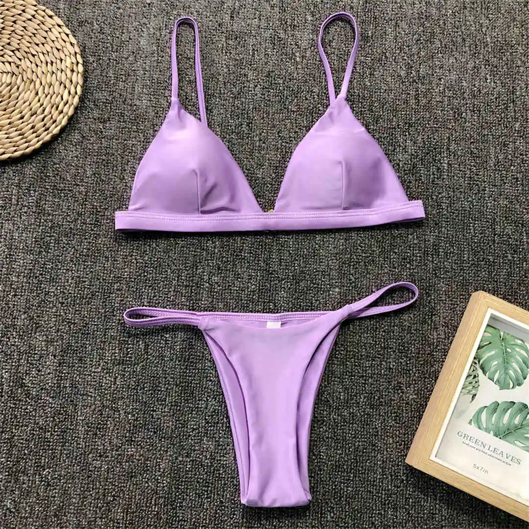 Neuer, verführerischer, gepolsterter brasilianischer Bikini, Damen-Badeanzug, zweiteiliges Bikini-Set, einfarbiger Badeanzug, Damen-Badebekleidung, V64A. – Detail 25