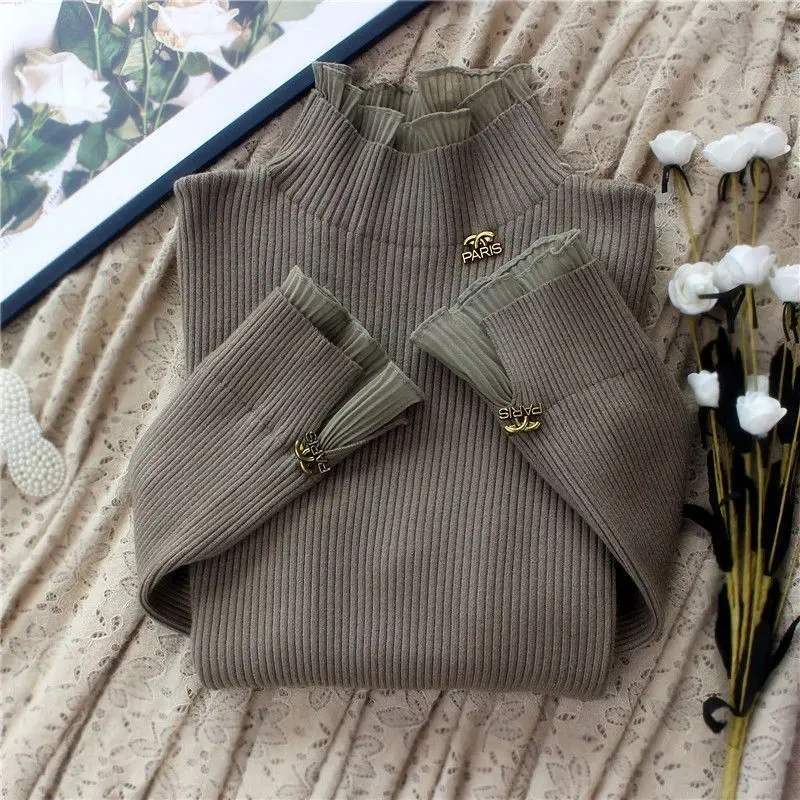 

Женский черный свитер с грибками, женский осенне-зимний новый стиль, кружевной свитер в западном стиле, облегающий утолщенный бархатный базовый свитер