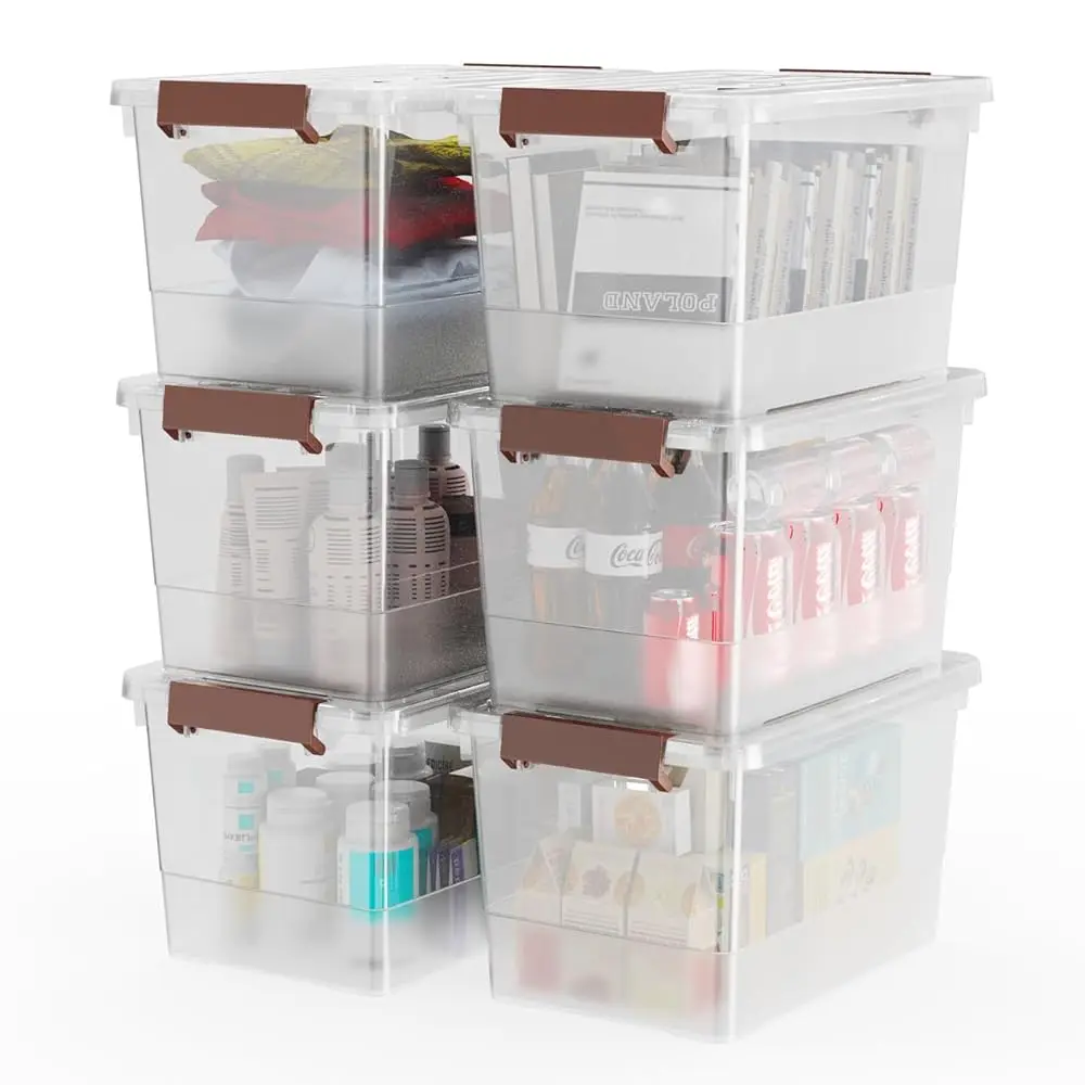 

6 Pa 17Qt Clear Plastic Storage Bin With Lid And Latching Buckles, Stackable Tote Organizing Box With Handle