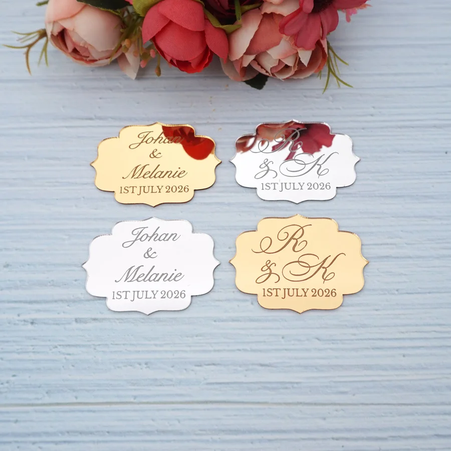 5.5x4cm Personalized Wedding Mini Acrylic Mirror Stickers Custom Bride And Groom Invitation Cards Party Guest Gifts Decor