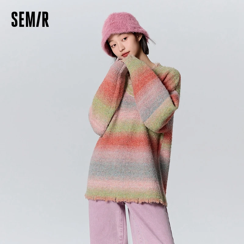 Semir Sweater Women Mid-Length Loose Personality Lazy 2024 New Winter V-Neck Gradient Minority Sweet Cool Striped Shirt