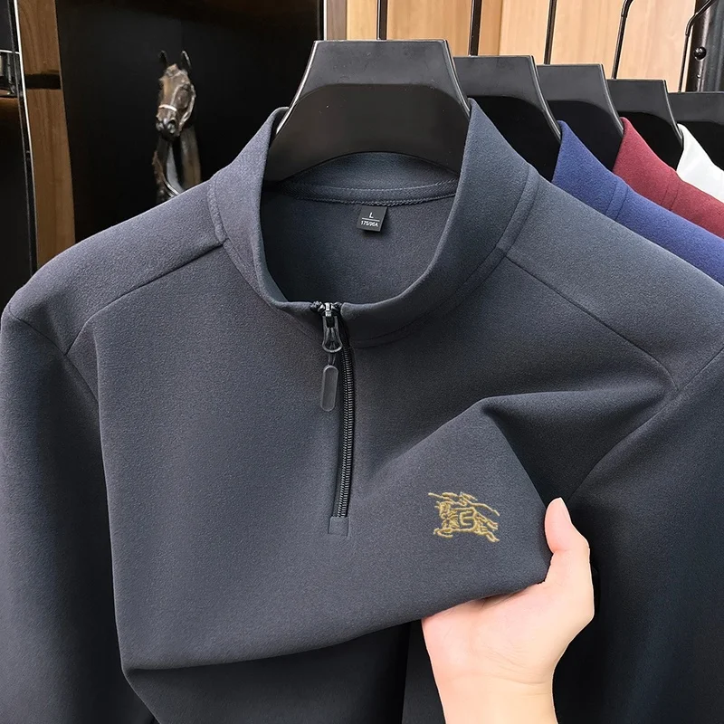 Luxury and fashionable men's brand zipper semi high neck pullover sweater daily velvet and autumn warm embroidery Paul sweater