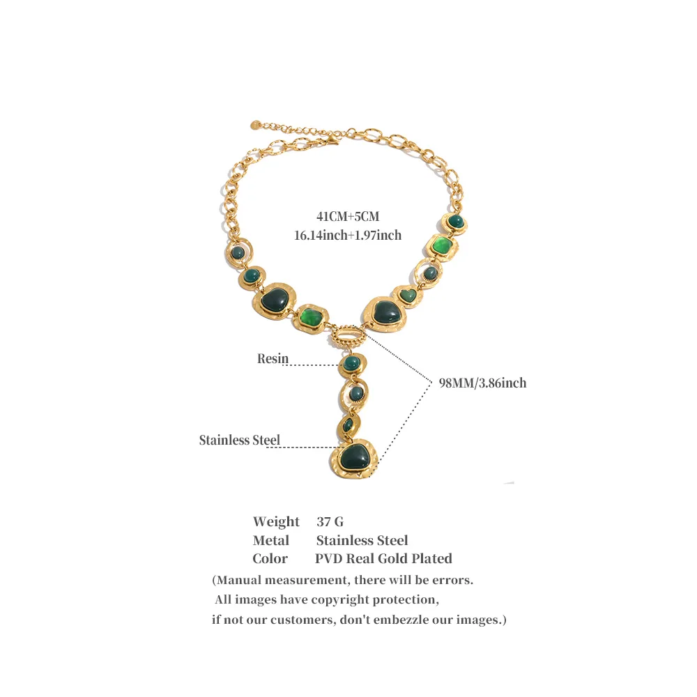 Yhpup Edelstahl-Halskette mit grünem Harz und Y-Kette, Statement-Halskette im Herbst-Winter-Stil, beliebter Charm-Schmuck – Detail 1