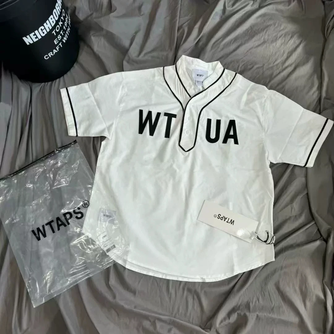 WTAPS Unisex Baseball Style T-Shirt V Neck Letter Graphic Print Short Sleeve  Tee Japanese College Fashion Casual Sports Top