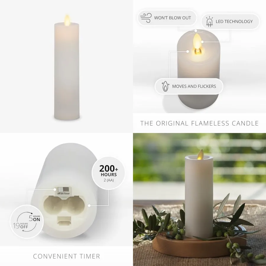 Classic Slim Flameless LED Candle,,Battery Operated Moving Flame Pillar w/Timer, Safe Realistic Wax Candle, Home Decor