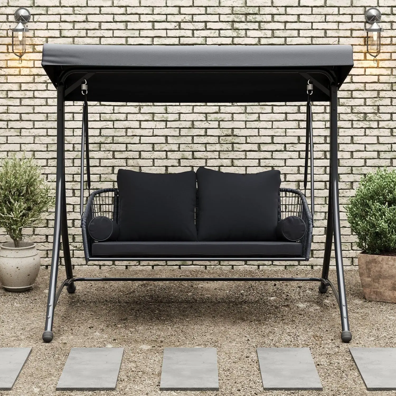 o*-Ramona Premium Patio Swing with Canopy Stand - Black Outdoor Canopy Swing with Cushions, Customized