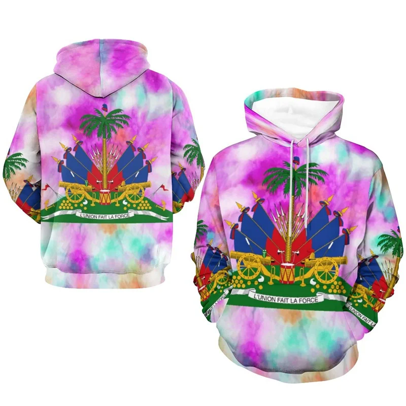 Autumu New 3D Tie-dye HAITI National Flag Printing New In Hoodies & Sweatshirts Haiti Coat Of Arms Graphic Hooded Hoody Pullover