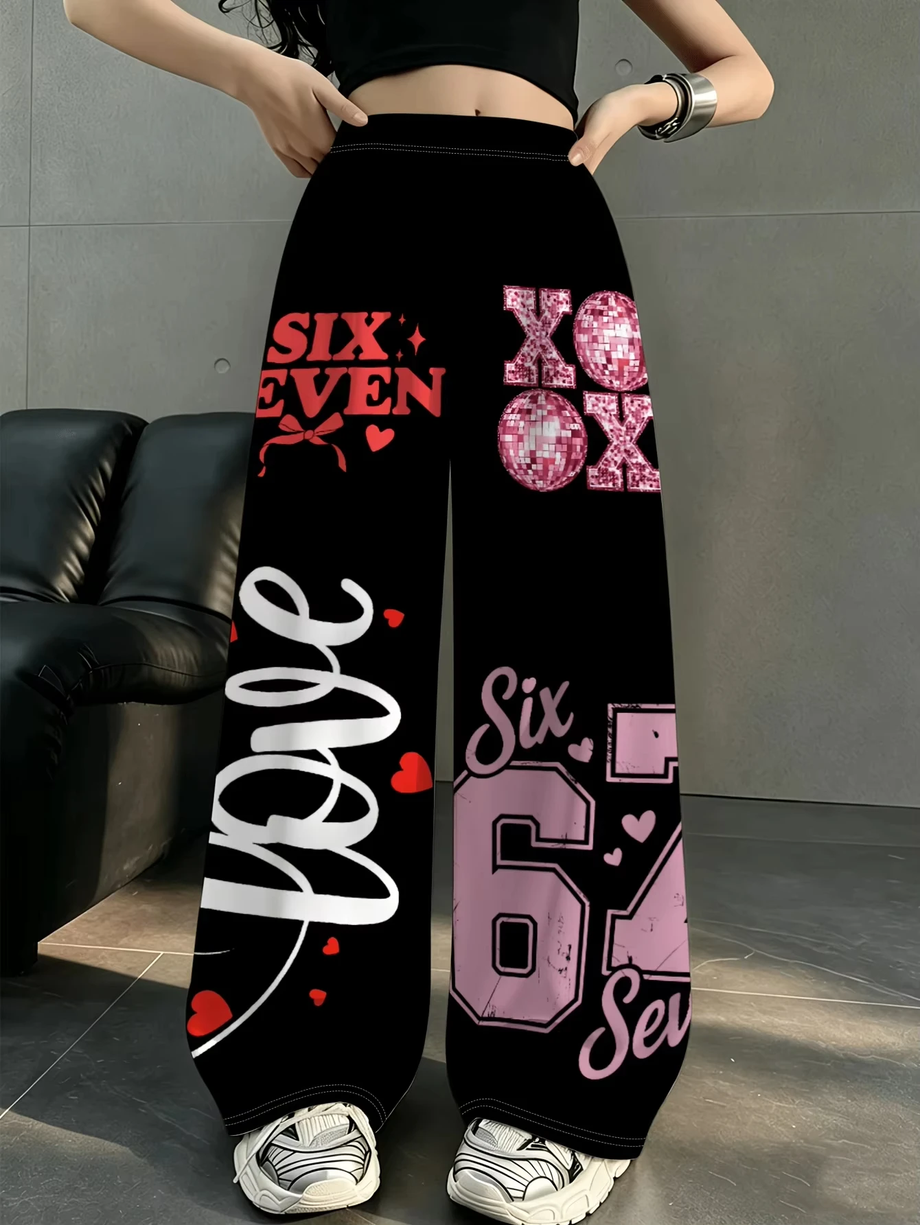 2026 New Women's Gothic Vertical Pattern Wide Leg Sports Pants with Drawstring Loose Straight Tube Loose Loose Y2K Street Pants