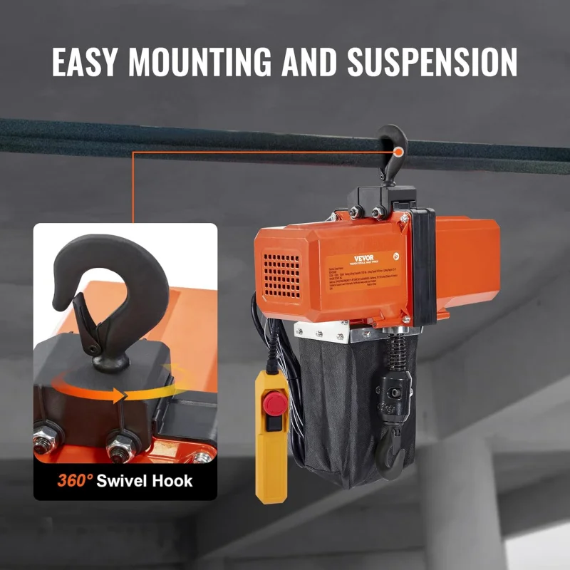 VEVCR 1100 رطل رافعة كهربائية بسلسلة 15 قدم ارتفاع الرفع، 120 فولت Elcctric Hcist، رافعة علوية أحادية الطور مع G100 Chcin، 10 قدم عرض #6