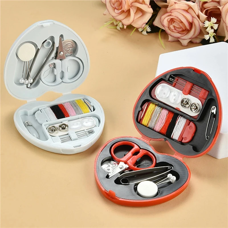 1Box Heart-Shaped Mini Sewing Kit, Portable Multi-Functional Sewing Box with Thread, Needles, Scissors & Accessories