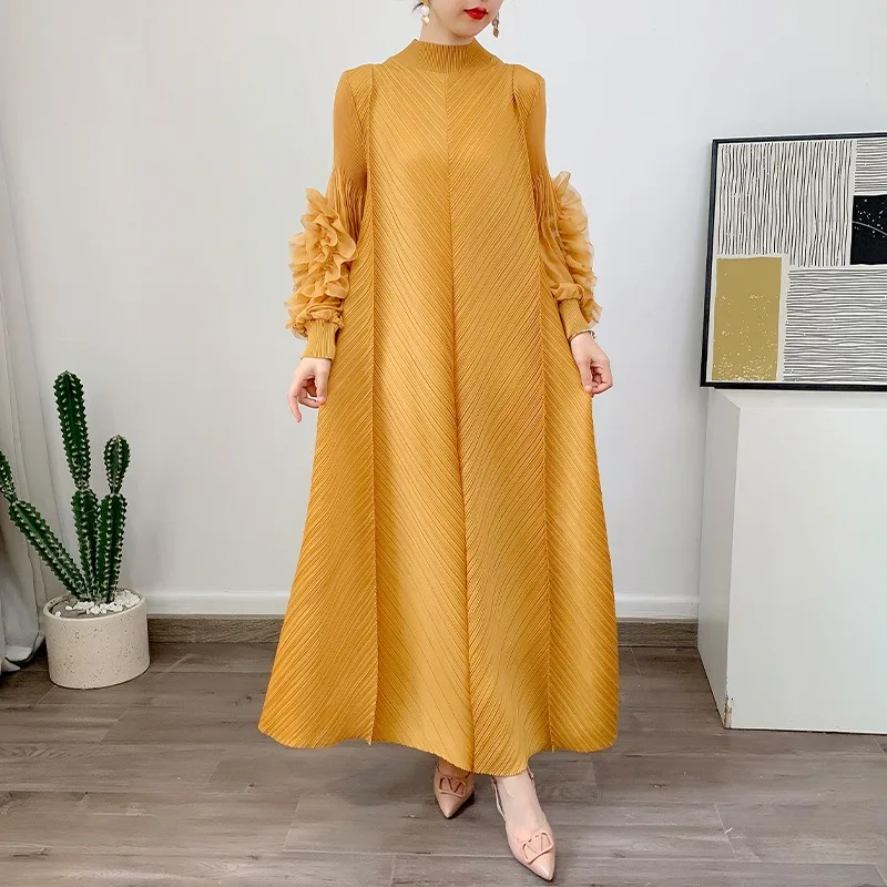 2023 Autumn New Style Long Sleeve Loose Plus Size Pleated Dress Retro Versatile Casual Long Neck Dress Robe Aesthetic Clothes