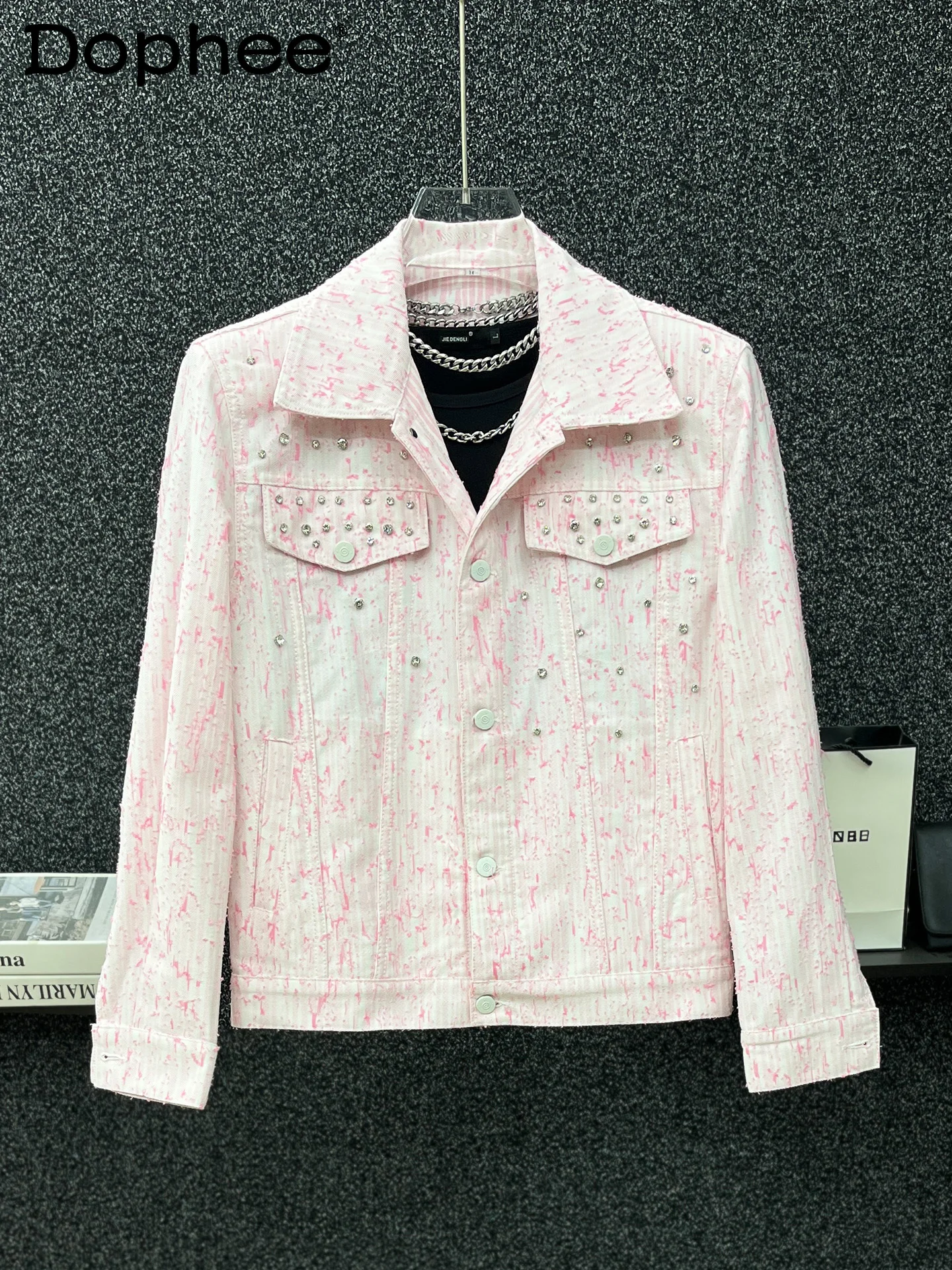 

Autumn New High-end Denim Jacket Trendy Men's Fashion Heavy Industry Diamond-encrusted Versatile Long-sleeved Casual Jacket