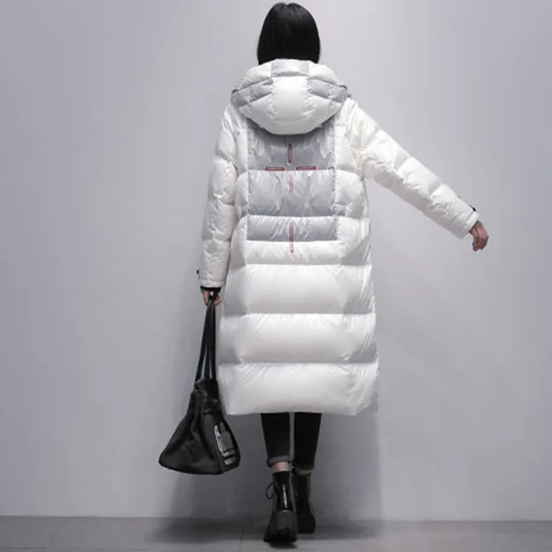 2023 Winter Glossy Waterproof Coat Women X-Long 90% White Duck Down Coat Thick  Loose Outerwear Warm Down Jacket Hooded Parkas