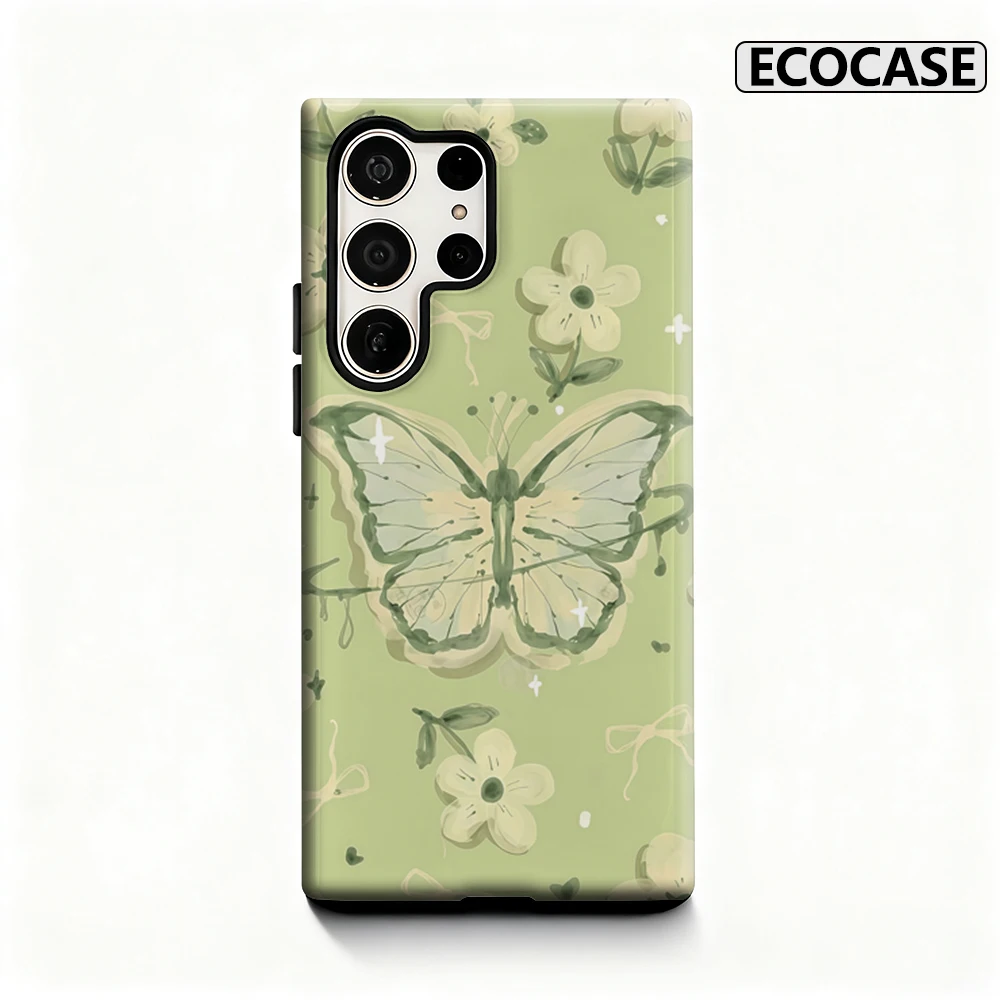 Grüne Schmetterlingsblumen Handyhülle für Samsung Galaxy S25 Ultra S24 S23 Ultra Plus Glänzende doppellagige Rückseite