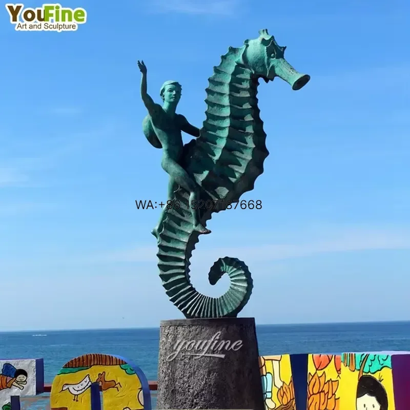 Wmwmnu for Bronze Seahorse Sculpture Boy Riding Seahorse Verdigris Patina Handcrafted Outdoor Garden Decor