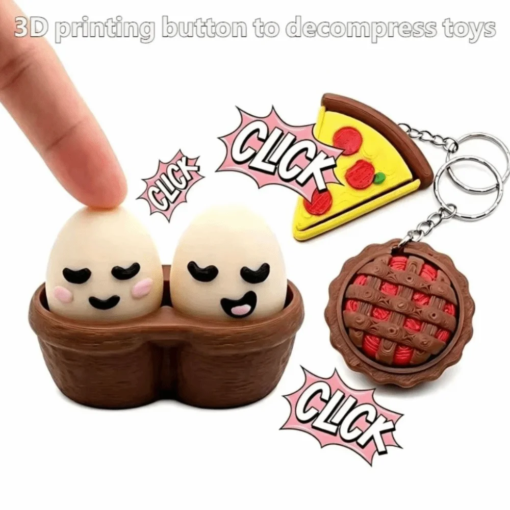 3D Printed Foods Clicker Key Chain Double eggs Fried Eggs Sensory Clicker PLA Simulation Cake Pizza Cookie Clicker