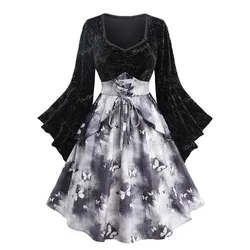 ROSEGAL Plus Size Women's Dresses Autumn Winter Tie Dye Butterfly Printed Flower Embossed Velvet Patchwork Lace Up Ruched Dress