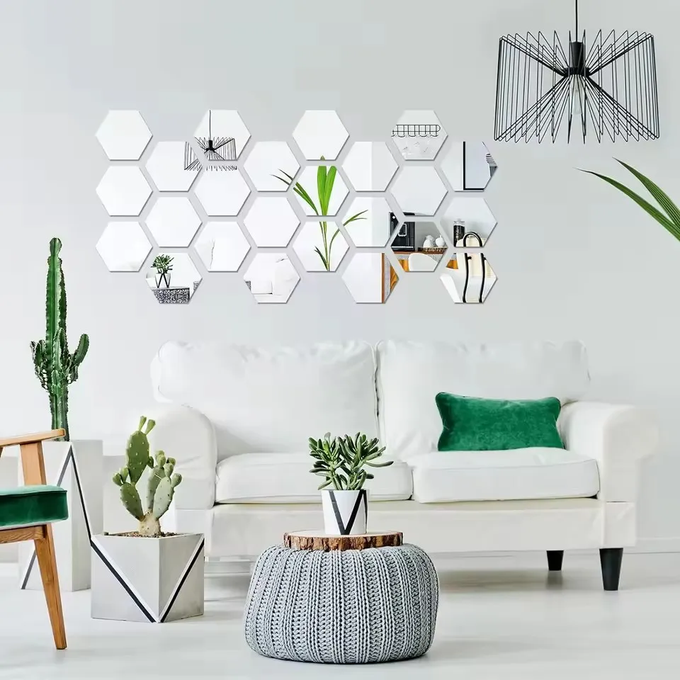 12pcs Hexagon Acrylic 3D Decorative Mirror Wall Sticker Home Decor DIY Self-adhesive Mirror Decal Decor Stickers Art Wall Decor
