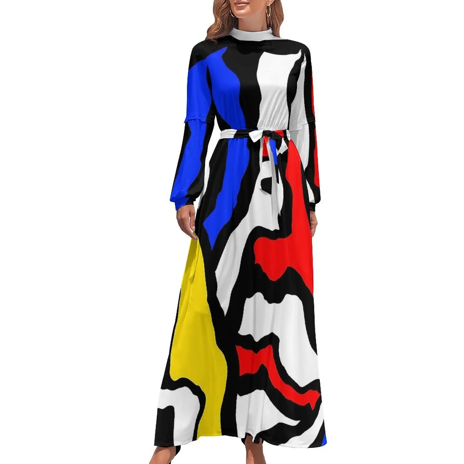 Mondrian Dress Stripes Red Yellow and Blue Trendy Graphic Maxi Dress High Neck Long Sleeve Casual Beach Long Dresses