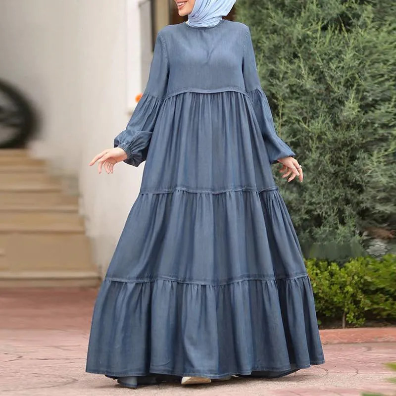 Vestido de verano islámico para mujer, Abaya con volantes, cuello redondo, manga larga