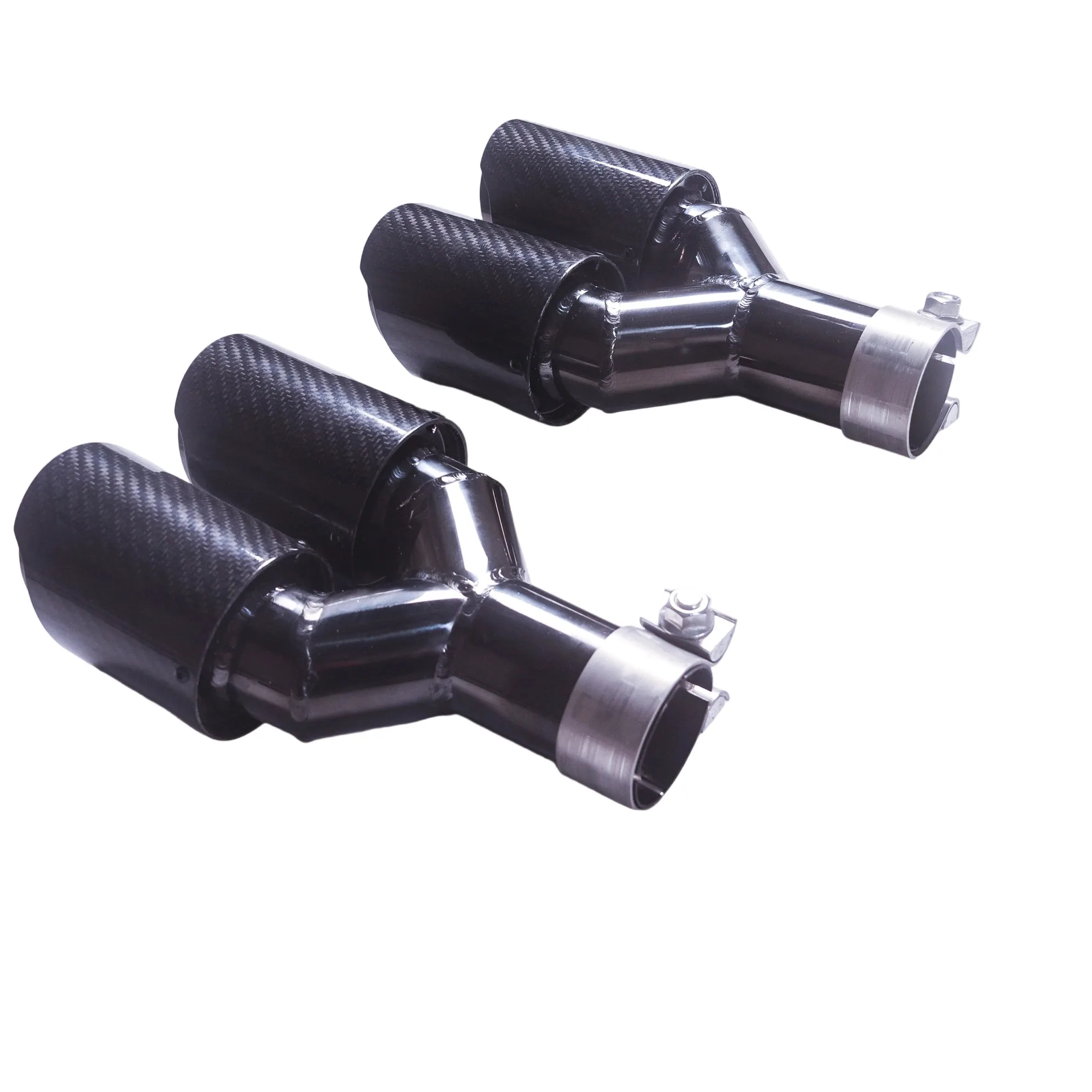 Ujung knalpot serat karbon glossy berbentuk Y dengan dua lubang keluar, dekorasi nozzle knalpot, universal stainless steel