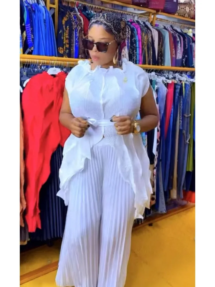 2025 African Miyake Pleated Splicing Set Solid Color One-word Collar Top + Wide-leg Pants Loose Two-piece Set Summer New Women's - view 3