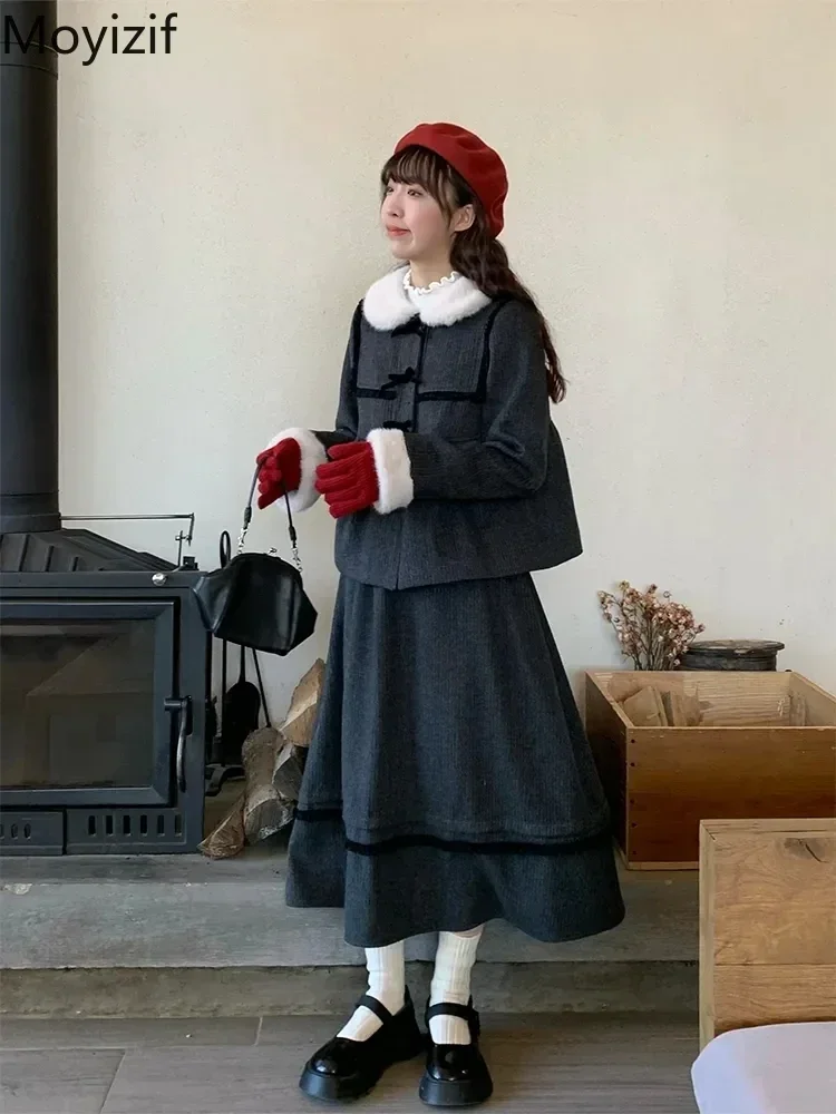 

Winter Outfit Complete Grey Striped Wool Collar Clip Cotton Jacket and A-line Skirt Loose Fit Ladies Two Piece Set Outfits