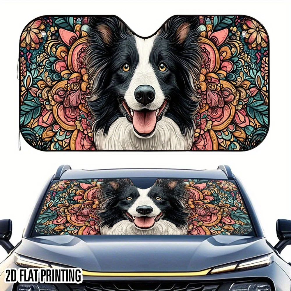 1pc Border Collie Dog Car Sunshade - With Floral Patterns, UV Protection & Heat Reduction Window Shade, Foldable Sunshade With 4