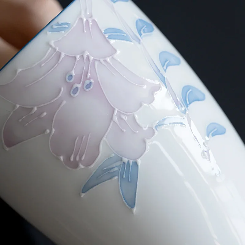 210ml Chinese Ceramic Fair Cup Cha Hai Handmade Three-dimensional Relief Flowers Teacup Household Porcelain Tea Set Accessories