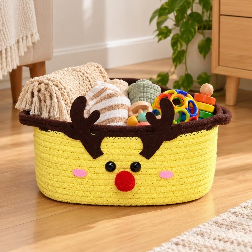 Dual Handles Christmas Woven Basket Braided Texture Eco Friendly Cotton Rope Storage Bin Soft Structure Washable Material