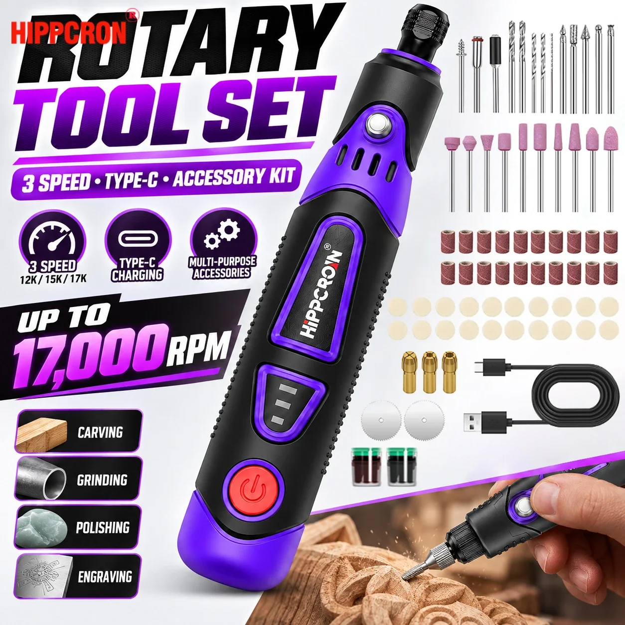 ferramenta-rotativa-mini-sem-fio-hippcron-36v-17000rpm-3-velocidades-polidor-e-lixador-tipo-caneta-900mah-para-lixar-gravar-furar-limpar-e-cortar